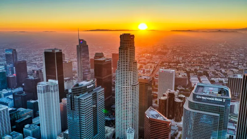 City skyline at sunset.